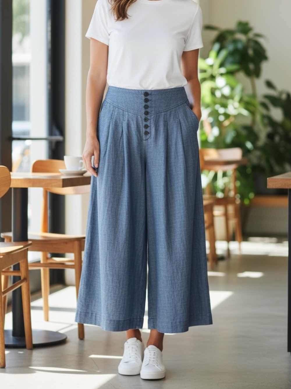 Wayward Fancies Blue Cotton Chambray Wide Leg Cropped Pants Size L/14